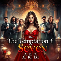A visually striking book cover for the steamy romance novel 'The Temptation of Seven' by A