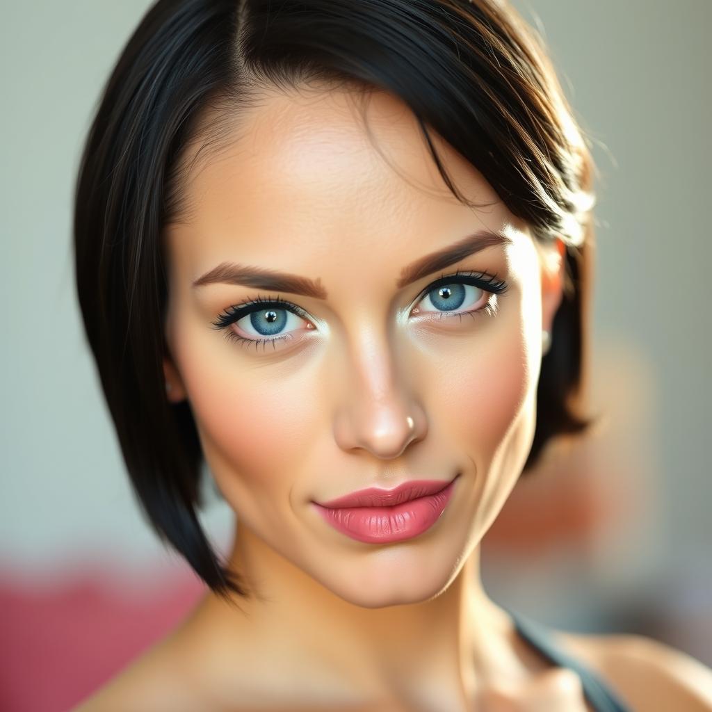 A portrait of a woman with striking short black hair, vibrant blue eyes, and soft pink lips