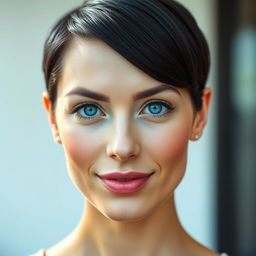A portrait of a woman with striking short black hair, vibrant blue eyes, and soft pink lips