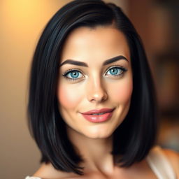 A portrait of a woman with striking short black hair, vibrant blue eyes, and soft pink lips