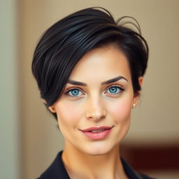 A portrait of a woman with striking short black hair, vibrant blue eyes, and soft pink lips