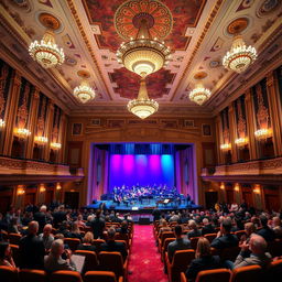 A grand concert hall, elegantly designed with high ceilings, adorned with exquisite chandeliers and rich tapestries