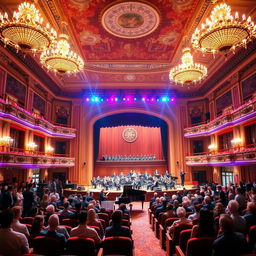 A grand concert hall, elegantly designed with high ceilings, adorned with exquisite chandeliers and rich tapestries