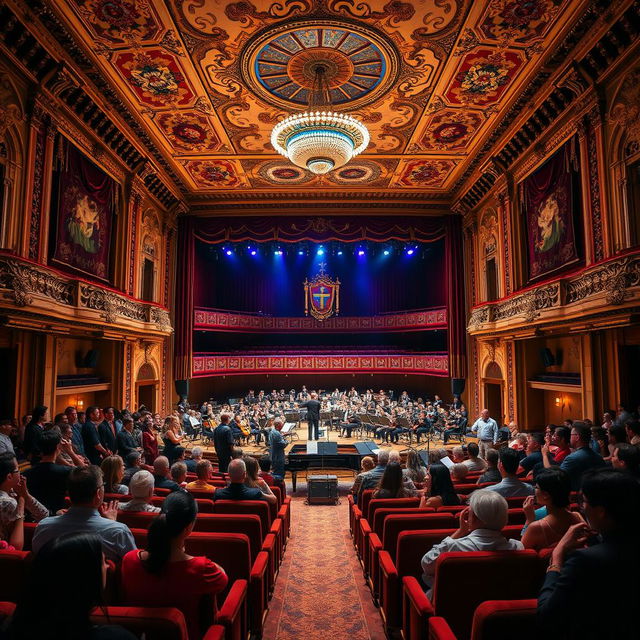 A grand concert hall, elegantly designed with high ceilings, adorned with exquisite chandeliers and rich tapestries