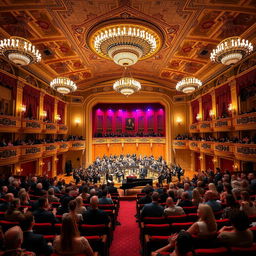 A grand concert hall, elegantly designed with high ceilings, adorned with exquisite chandeliers and rich tapestries