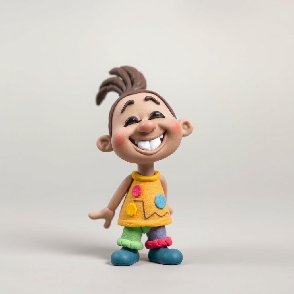 A whimsical and charming clay figure of a person, crafted with intricate details such as textured skin resembling the softness of clay