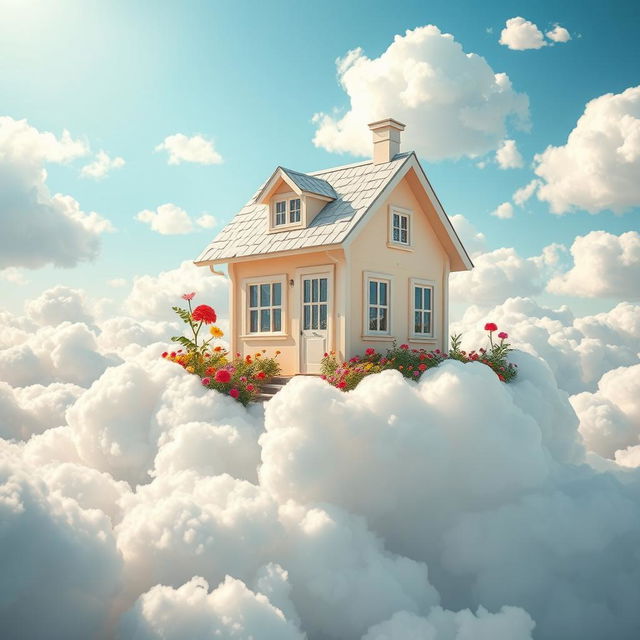 A whimsical and enchanting house floating among fluffy white clouds in a bright blue sky