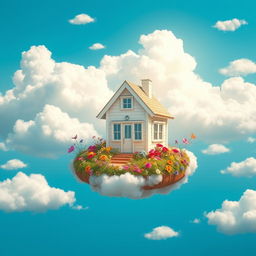 A whimsical and enchanting house floating among fluffy white clouds in a bright blue sky