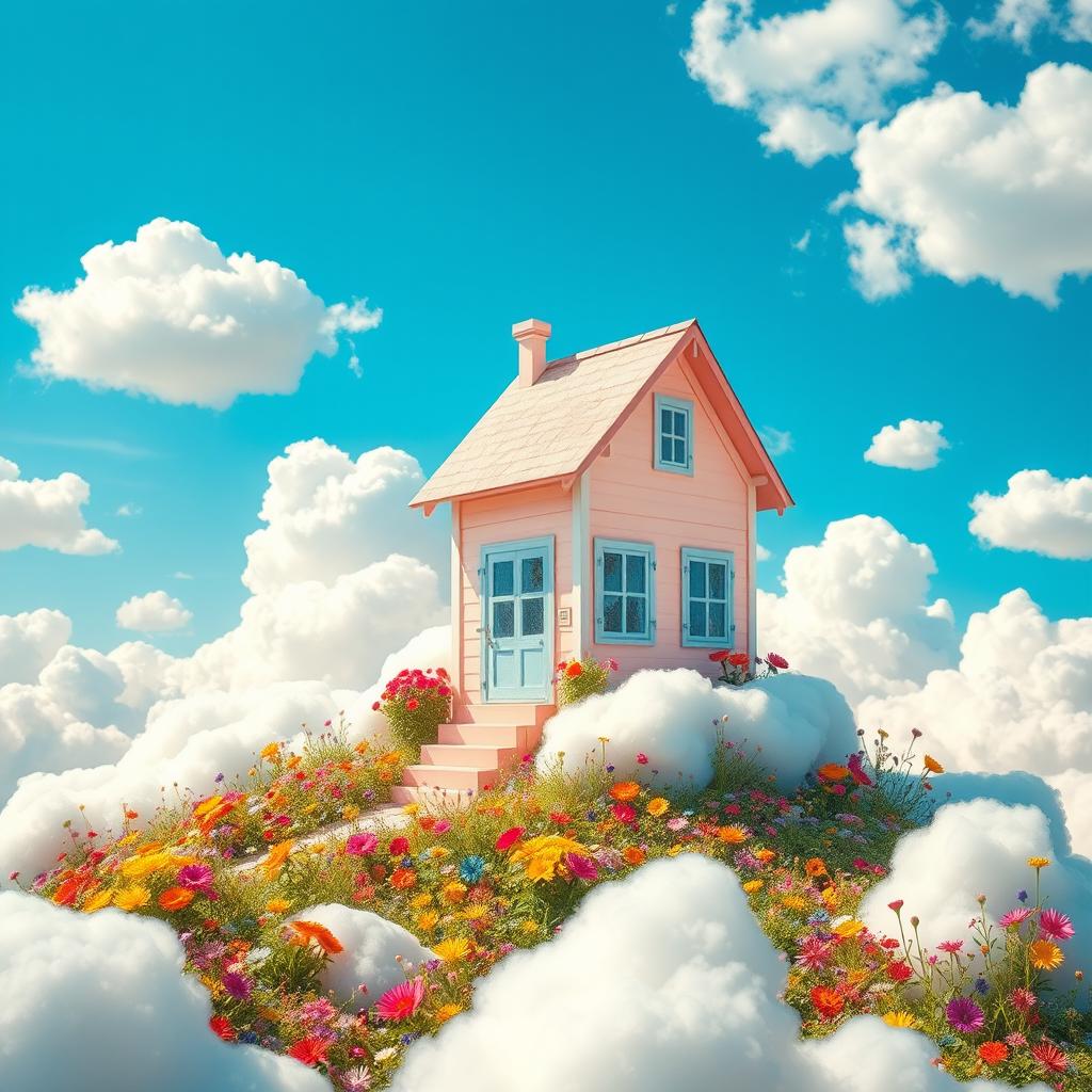 A whimsical and enchanting house floating among fluffy white clouds in a bright blue sky