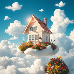 A whimsical and enchanting house floating among fluffy white clouds in a bright blue sky