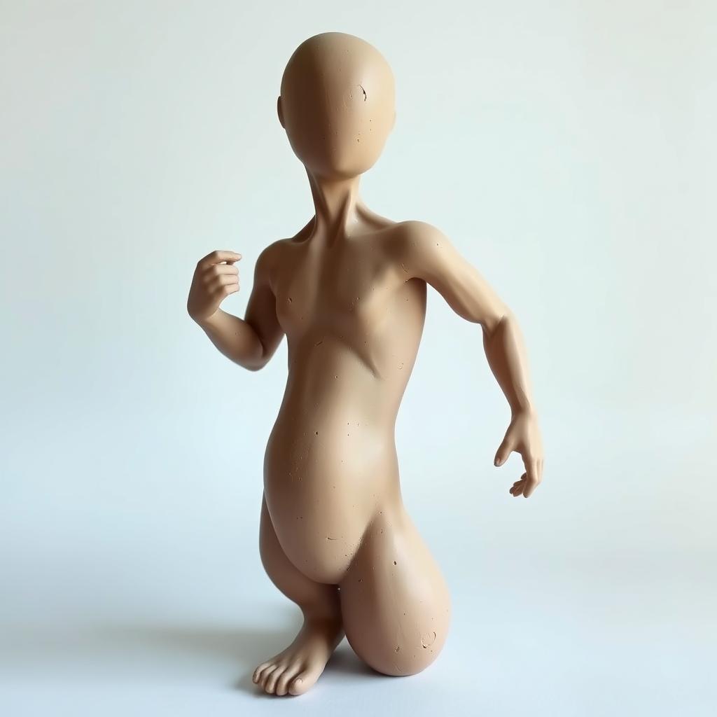 A beautifully crafted clay figure of a person, completely without a face or clothing, showcasing smooth, untextured skin that emphasizes the organic quality of the clay
