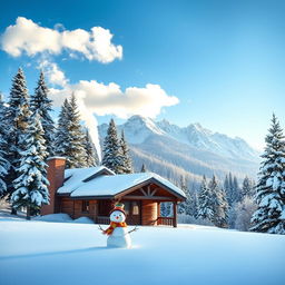 A beautiful winter landscape featuring a snowy mountain range in the background, with pine trees covered in frost