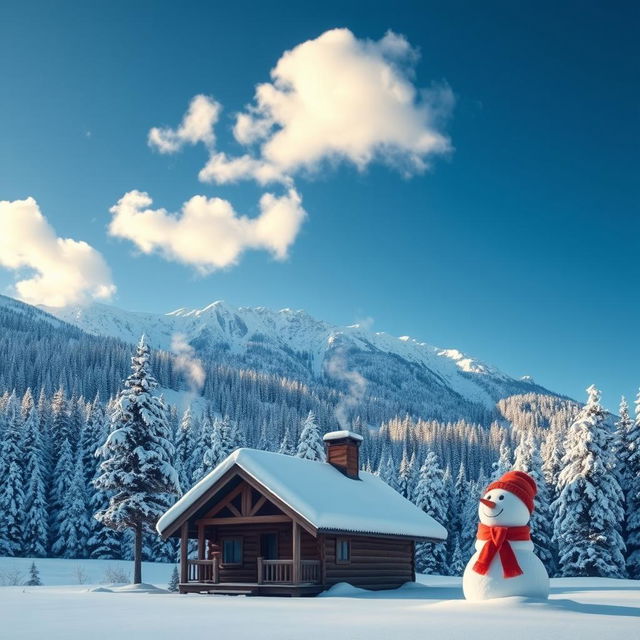 A beautiful winter landscape featuring a snowy mountain range in the background, with pine trees covered in frost