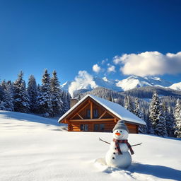 A beautiful winter landscape featuring a snowy mountain range in the background, with pine trees covered in frost