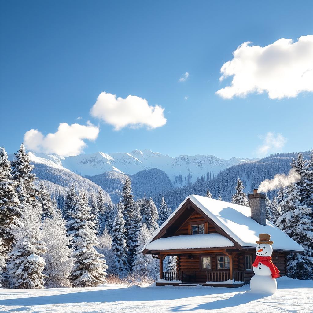 A beautiful winter landscape featuring a snowy mountain range in the background, with pine trees covered in frost