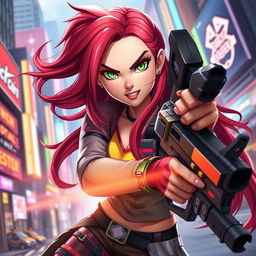 A stunning portrait of Emma, a character from Blockestrike, depicted in an action pose with vibrant energy