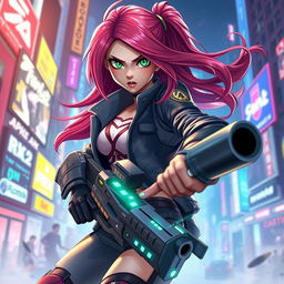 A stunning portrait of Emma, a character from Blockestrike, depicted in an action pose with vibrant energy