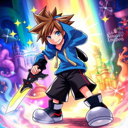 A highly detailed illustration of Sora from Kingdom Hearts, featuring his iconic spiky brown hair, a vibrant blue hoodie, black shorts, and oversized shoes