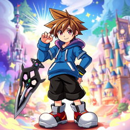 A highly detailed illustration of Sora from Kingdom Hearts, featuring his iconic spiky brown hair, a vibrant blue hoodie, black shorts, and oversized shoes
