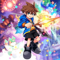 A highly detailed illustration of Sora from Kingdom Hearts, featuring his iconic spiky brown hair, a vibrant blue hoodie, black shorts, and oversized shoes