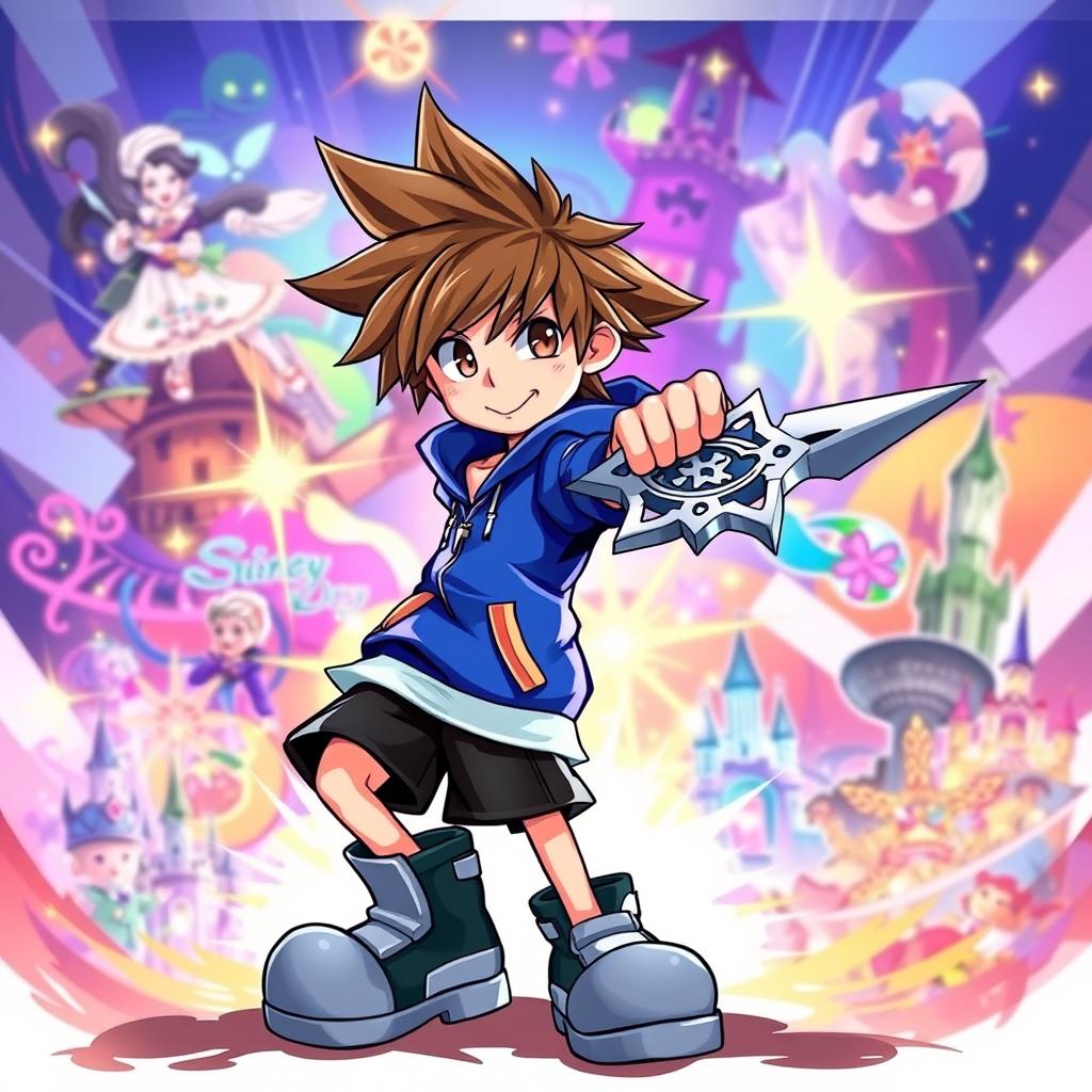 A highly detailed illustration of Sora from Kingdom Hearts, featuring his iconic spiky brown hair, a vibrant blue hoodie, black shorts, and oversized shoes