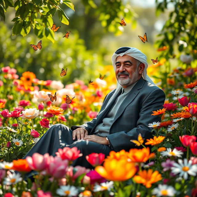 A serene scene featuring a man resembling a Middle Eastern leader sitting peacefully in a vibrant flower garden