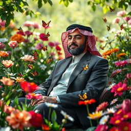 A serene scene featuring a man resembling a Middle Eastern leader sitting peacefully in a vibrant flower garden