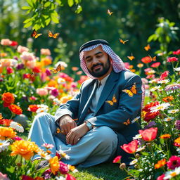 A serene scene featuring a man resembling a Middle Eastern leader sitting peacefully in a vibrant flower garden