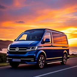 A sleek and modern Volkswagen Transporter (Traf) van parked on a scenic coastal road during sunset