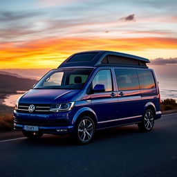 A sleek and modern Volkswagen Transporter (Traf) van parked on a scenic coastal road during sunset