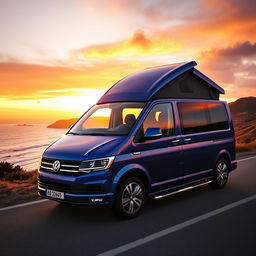 A sleek and modern Volkswagen Transporter (Traf) van parked on a scenic coastal road during sunset