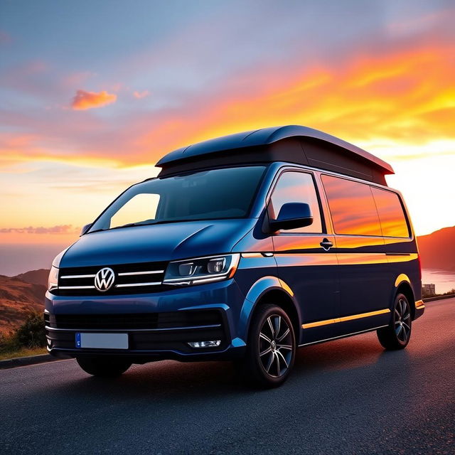 A sleek and modern Volkswagen Transporter (Traf) van parked on a scenic coastal road during sunset