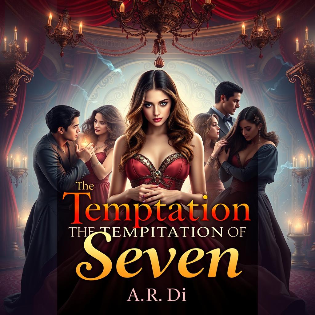 An alluring book cover for the steamy romance novel 'The Temptation of Seven' by A