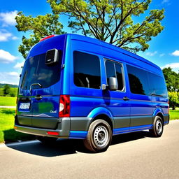 A stunning blue Volkswagen Crafter van parked in a picturesque outdoor setting