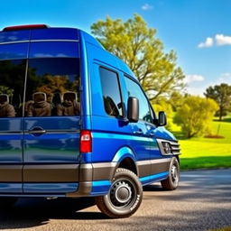 A stunning blue Volkswagen Crafter van parked in a picturesque outdoor setting