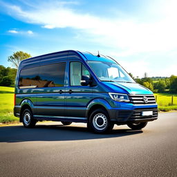 A stunning blue Volkswagen Crafter van parked in a picturesque outdoor setting