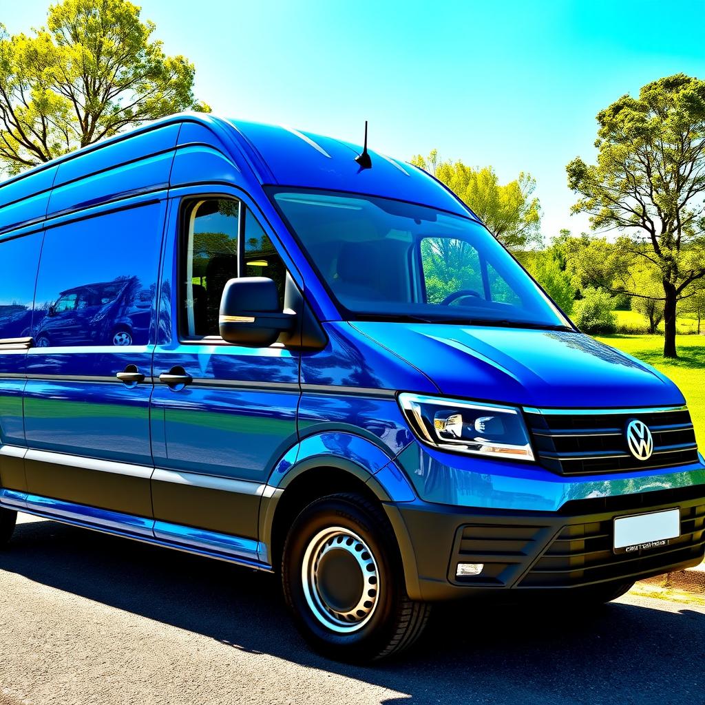 A stunning blue Volkswagen Crafter van parked in a picturesque outdoor setting