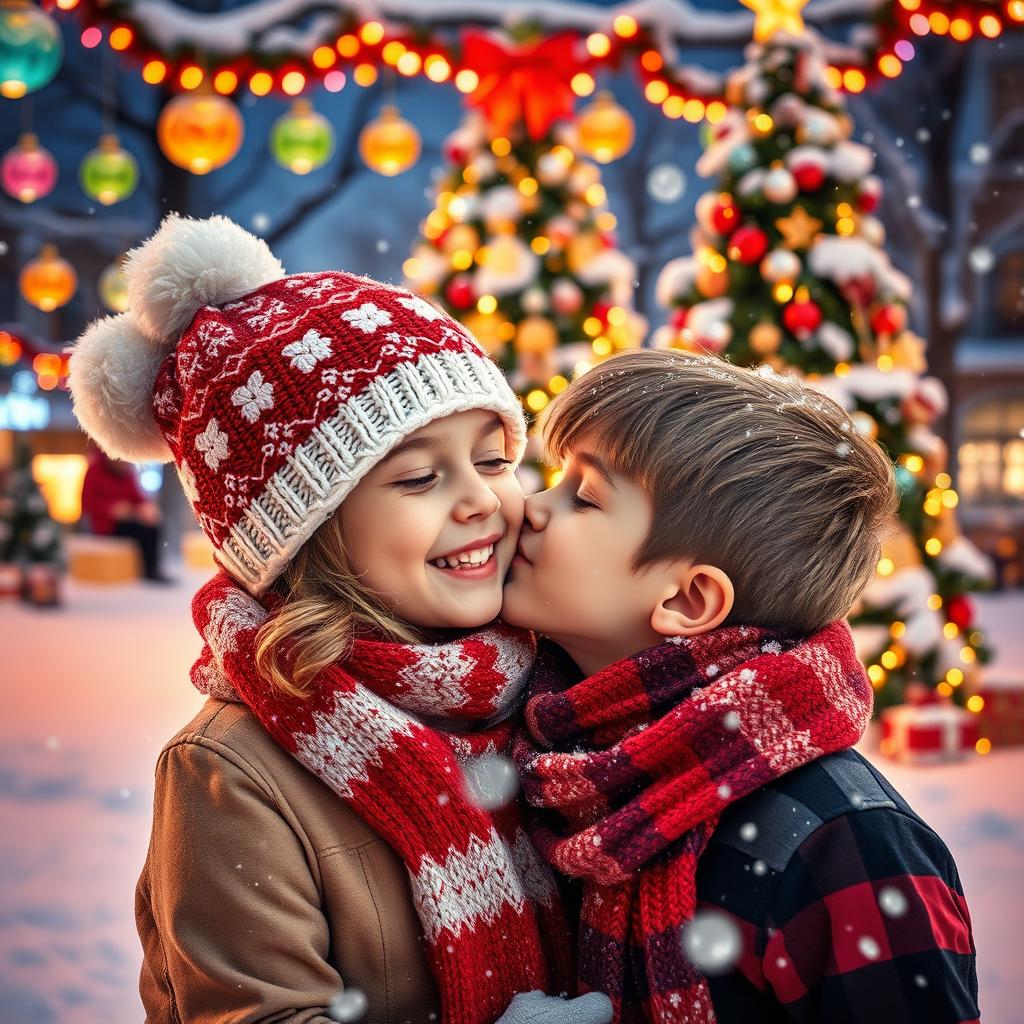 A picturesque winter scene featuring charming Christmas decorations such as vibrant lights, colorful ornaments, and a beautifully adorned Christmas tree surrounded by fluffy snow
