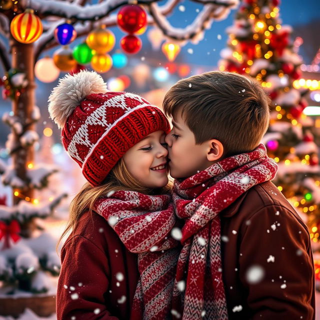 A picturesque winter scene featuring charming Christmas decorations such as vibrant lights, colorful ornaments, and a beautifully adorned Christmas tree surrounded by fluffy snow