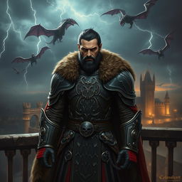 A character resembling a dark and ruthless ruler inspired by historical leaders, wearing intricate medieval armor with a fur-lined cloak, standing on a castle balcony overlooking a fantasy landscape with dragons flying in the sky