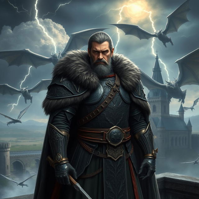 A character resembling a dark and ruthless ruler inspired by historical leaders, wearing intricate medieval armor with a fur-lined cloak, standing on a castle balcony overlooking a fantasy landscape with dragons flying in the sky