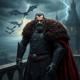 A character resembling a dark and ruthless ruler inspired by historical leaders, wearing intricate medieval armor with a fur-lined cloak, standing on a castle balcony overlooking a fantasy landscape with dragons flying in the sky