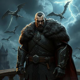 A character resembling a dark and ruthless ruler inspired by historical leaders, wearing intricate medieval armor with a fur-lined cloak, standing on a castle balcony overlooking a fantasy landscape with dragons flying in the sky