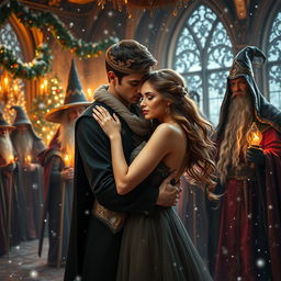 A beautiful young woman in an enchanting Christmas setting surrounded by a group of powerful wizards and noble lords