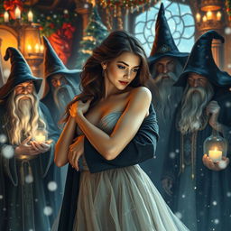 A beautiful young woman in an enchanting Christmas setting surrounded by a group of powerful wizards and noble lords