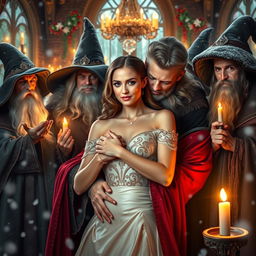 A beautiful young woman in an enchanting Christmas setting surrounded by a group of powerful wizards and noble lords