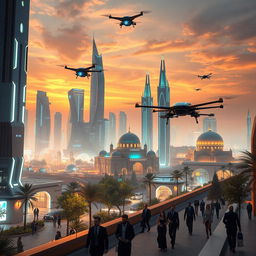 A futuristic view of Damascus in the year 2050, showcasing a blend of ancient architecture and advanced technology