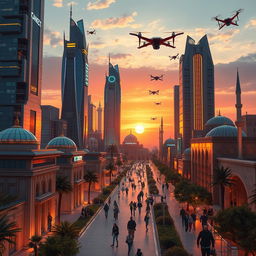 A futuristic view of Damascus in the year 2050, showcasing a blend of ancient architecture and advanced technology