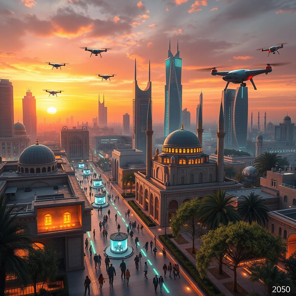 A futuristic view of Damascus in the year 2050, showcasing a blend of ancient architecture and advanced technology