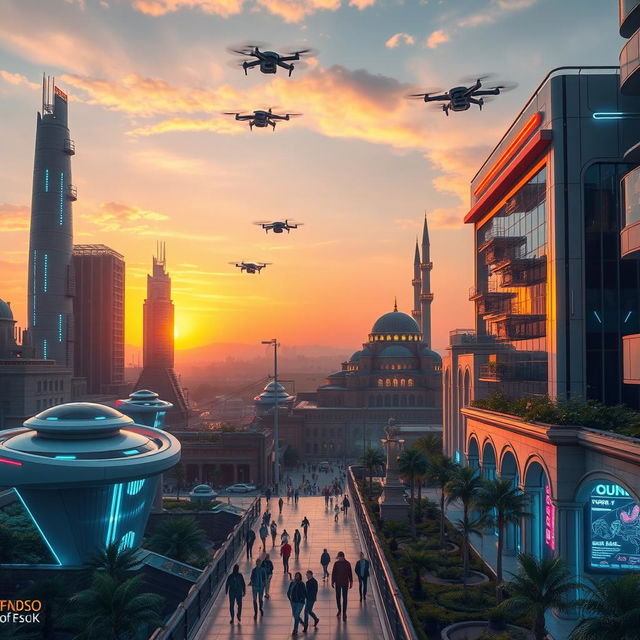 A futuristic view of Damascus in the year 2050, showcasing a blend of ancient architecture and advanced technology